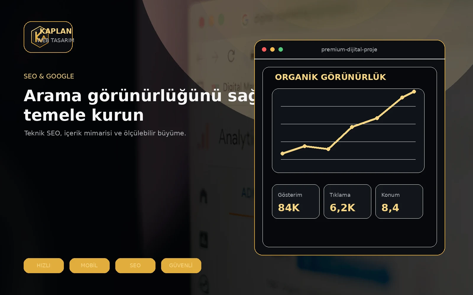SEO & Google Çalışması hizmetini temsil eden premium dijital çalışma görseli